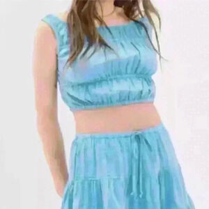 AMERICAN EAGLE | Women's Bright Blue  Cotton Window Pane Pattern Crop Top